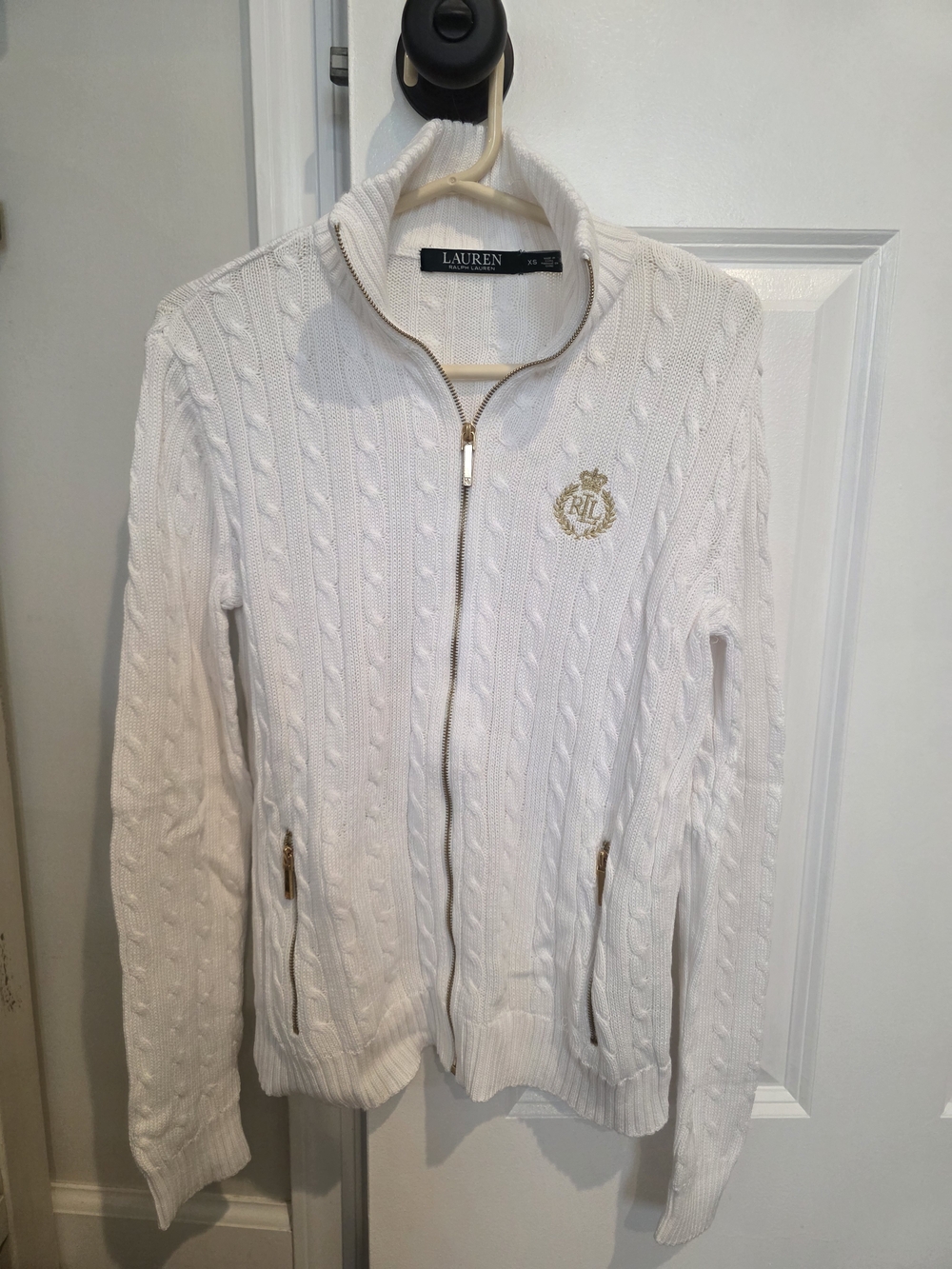 Lauren Ralph Lauren Cream Cable-Knit Zip Cardigan with Crest
